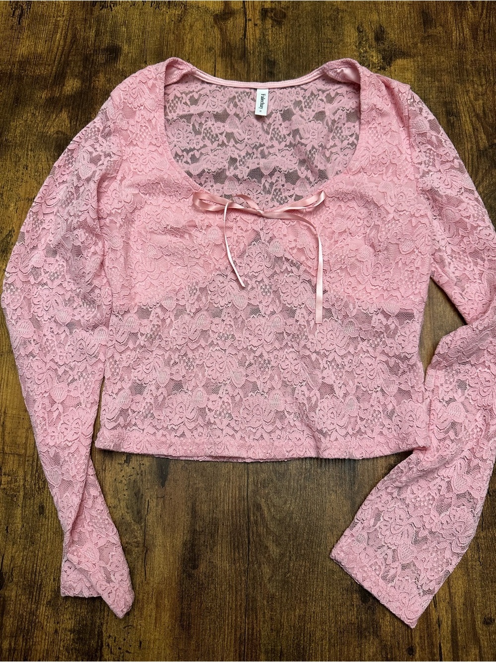 Women's Pink Lace Long-Sleeve Cropped Top with Front Tie medium #154
